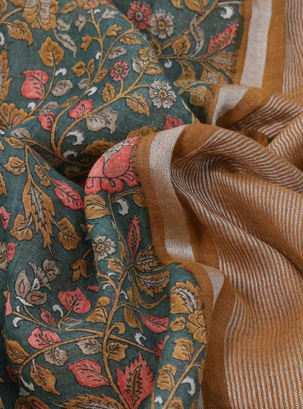 Pure linen saree sap green with allover kalamkari prints and silver zari woven piping border