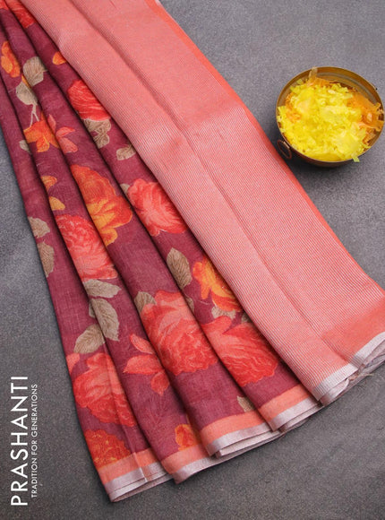 Pure linen saree maroon shade and peach orange with allover floral prints and silver zari woven piping border