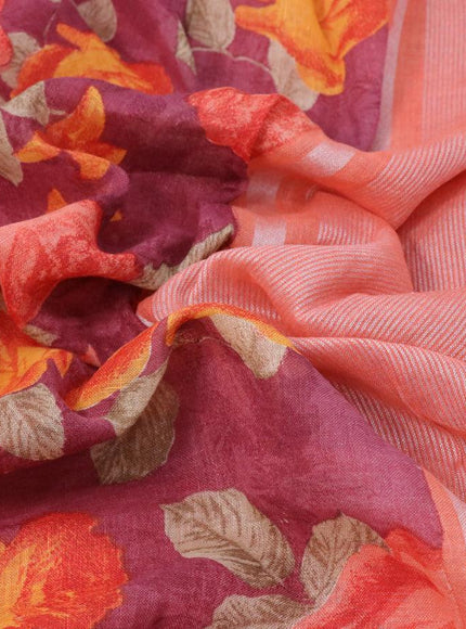 Pure linen saree maroon shade and peach orange with allover floral prints and silver zari woven piping border