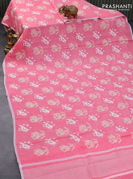 Pure linen saree light pink with patola prints and silver zari woven piping border