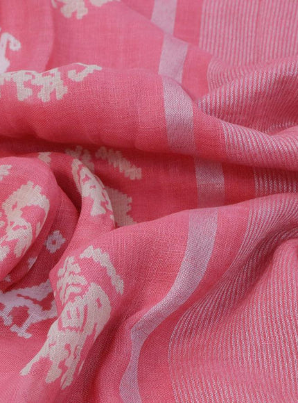 Pure linen saree light pink with patola prints and silver zari woven piping border