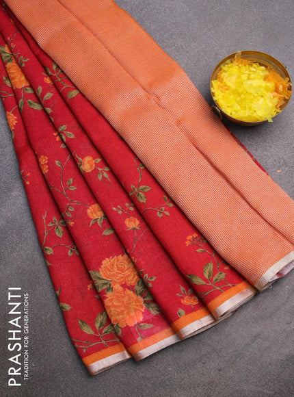 Pure linen saree red and orange with allover floral prints and silver zari woven piping border