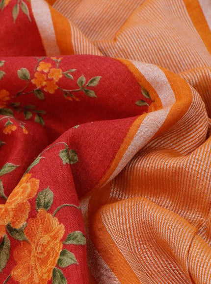 Pure linen saree red and orange with allover floral prints and silver zari woven piping border