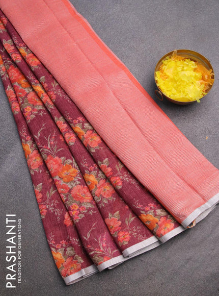 Pure linen saree maroon with allover floral prints and silver zari woven piping border