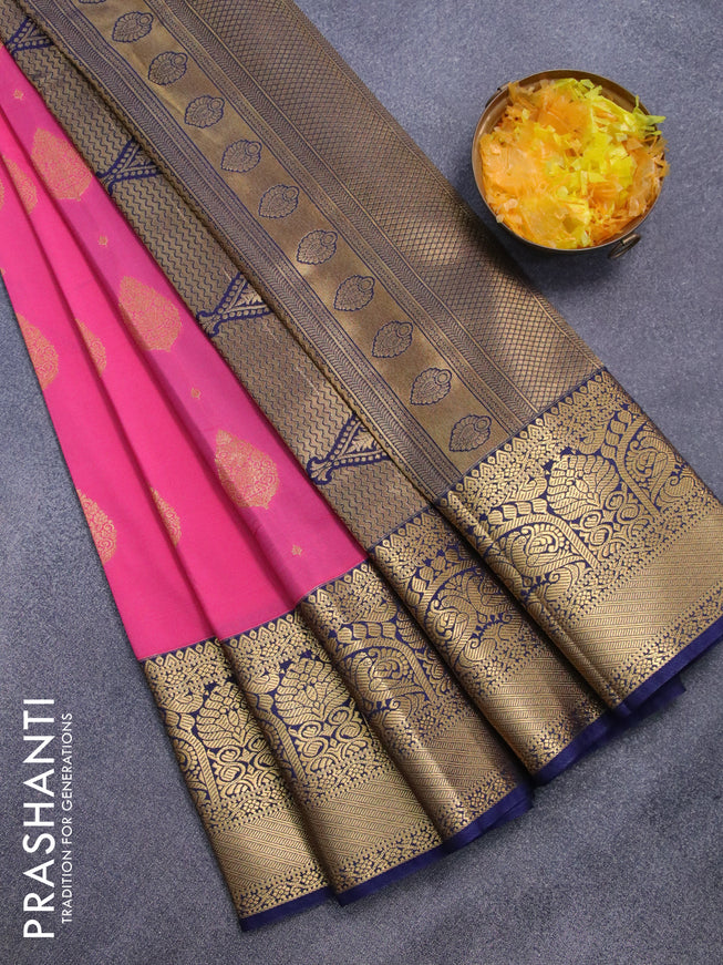 Semi kanjivaram silk saree pink and navy blue with zari woven buttas and rich zari woven korvai border