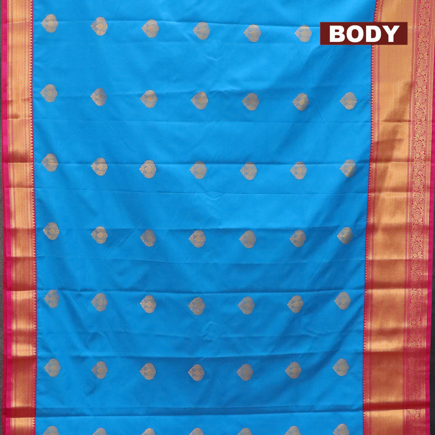 Semi kanjivaram silk saree cs blue and pink with zari woven buttas and rich zari woven korvai border