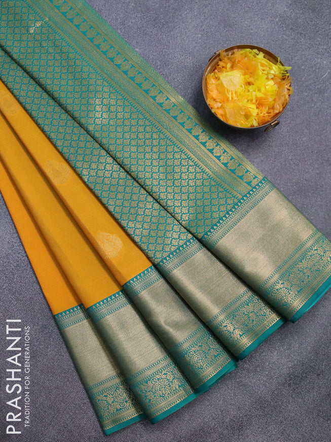 Semi kanjivaram silk saree mango yellow and teal green with zari woven buttas and zari woven korvai border