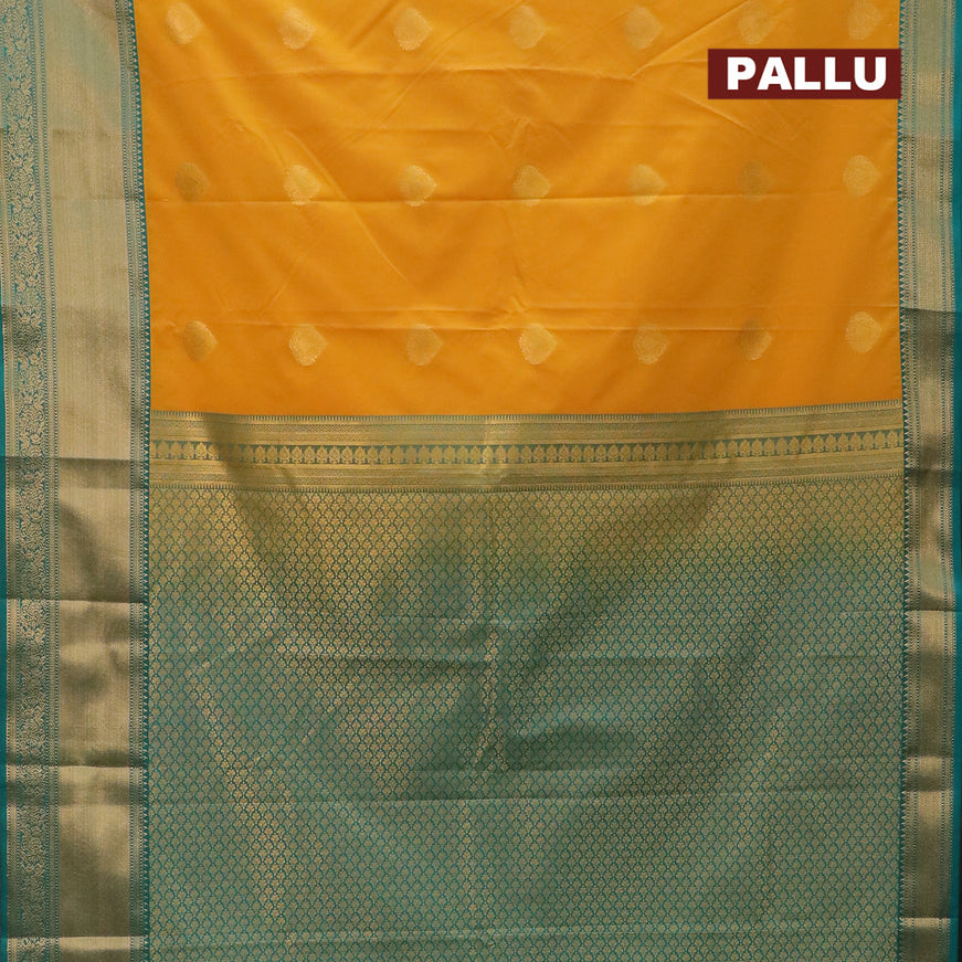 Semi kanjivaram silk saree mango yellow and teal green with zari woven buttas and zari woven korvai border