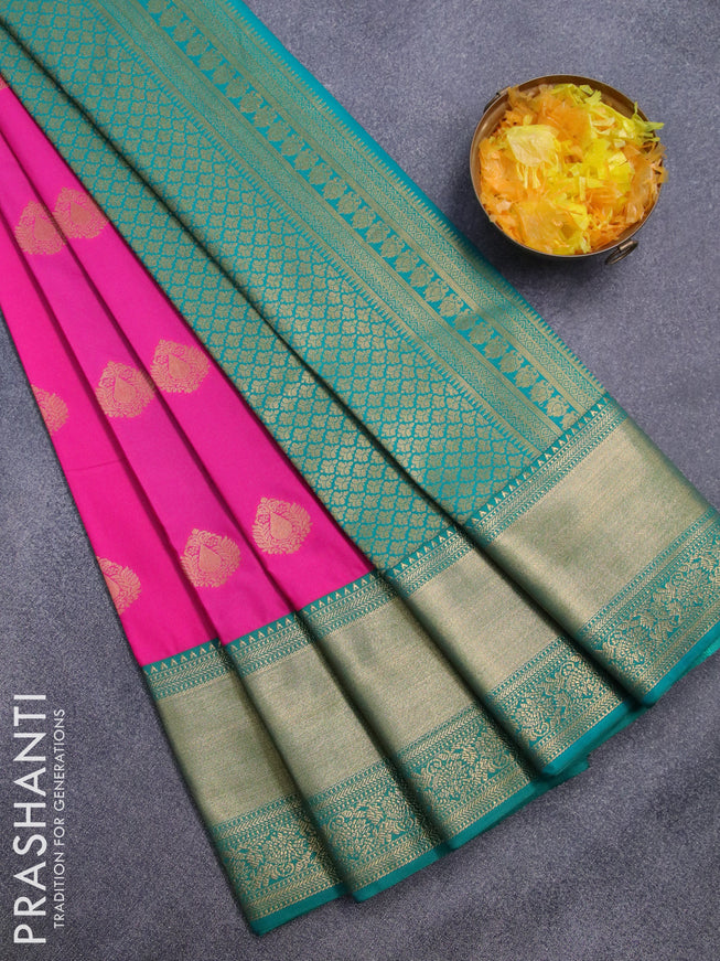Semi kanjivaram silk saree magenta pink and teal green with zari woven buttas and zari woven korvai border