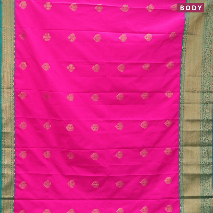 Semi kanjivaram silk saree magenta pink and teal green with zari woven buttas and zari woven korvai border