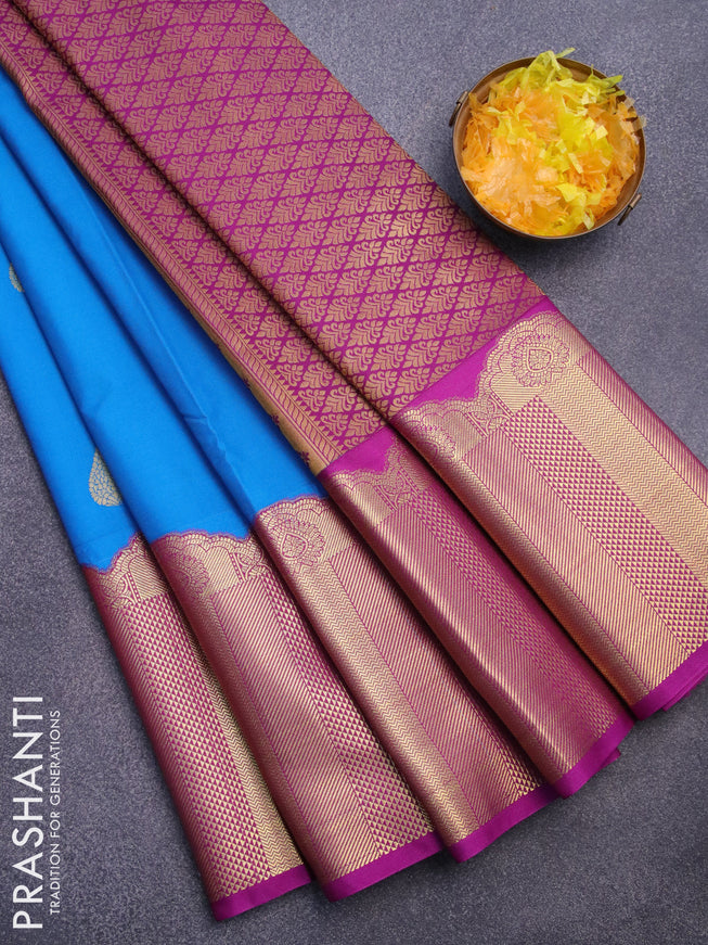 Semi kanjivaram silk saree cs blue and purple with zari woven buttas and rich zari woven korvai border