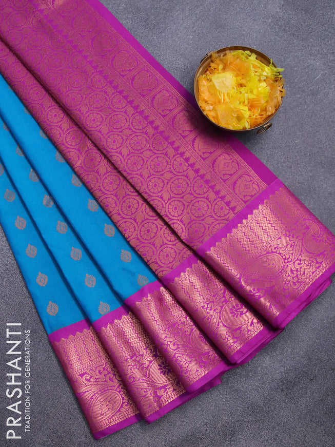 Semi kanjivaram silk saree cs blue and purple with copper zari woven buttas and copper zari woven korvai border