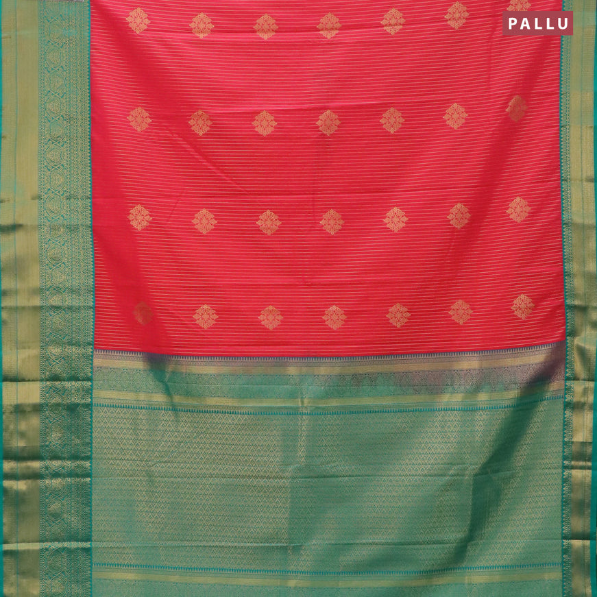 Semi kanjivaram silk saree dual shade of pink and teal green with allover zari weaves and zari woven korvai border