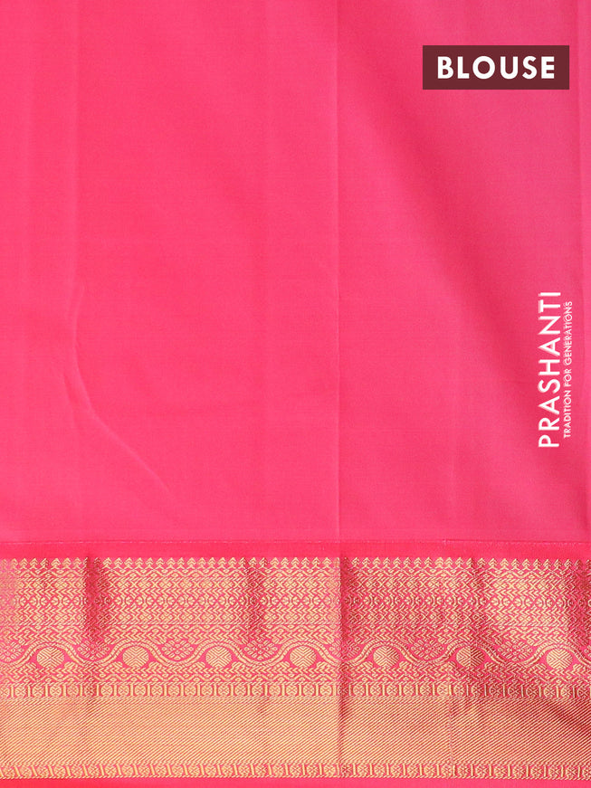 Semi kanjivaram silk saree light green and pink with allover zari weaves and zari woven korvai border