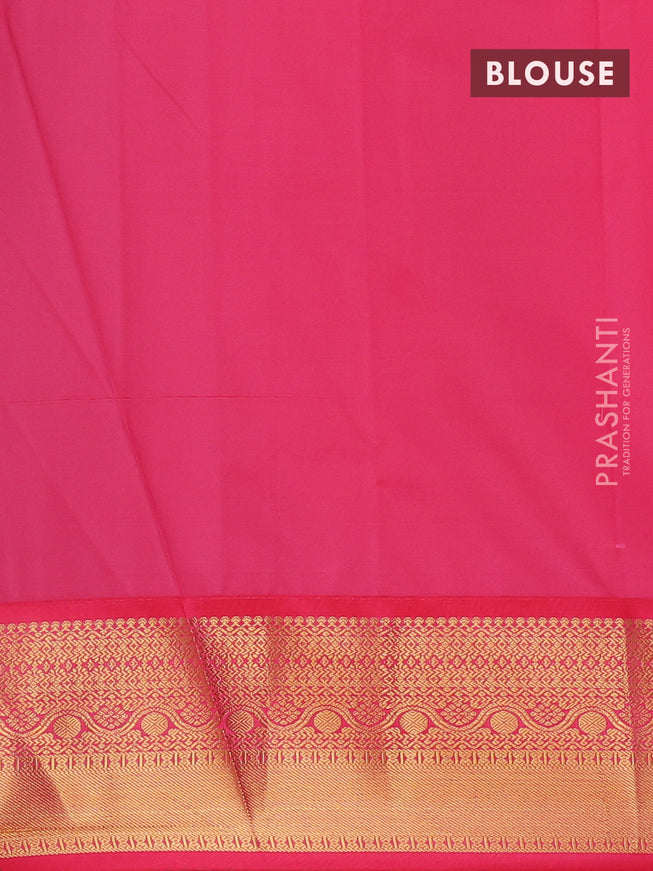 Semi kanjivaram silk saree teal green and pink with allover zari weaves and zari woven korvai border