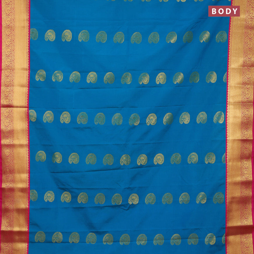 Semi kanjivaram silk saree blue and pink with zari woven paisley buttas and paisley zari woven korvai border