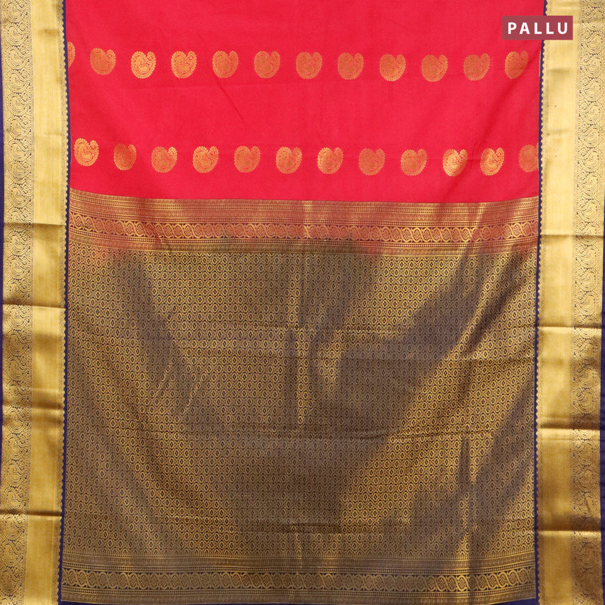 Semi kanjivaram silk saree pink and navy blue with zari woven paisley buttas and paisley zari woven korvai border
