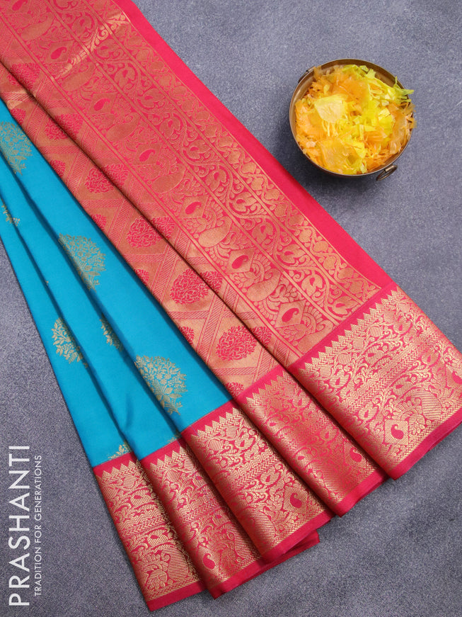 Semi kanjivaram silk saree teal blue and pink with zari woven buttas and zari woven korvai border