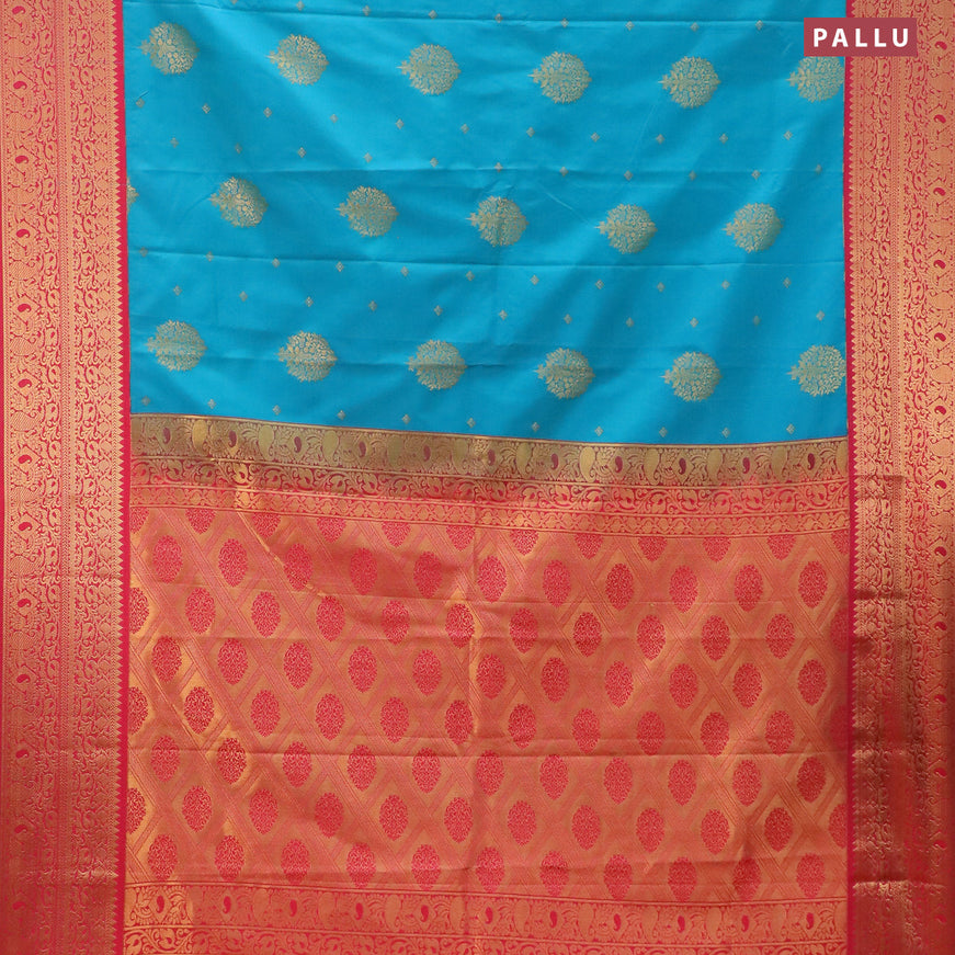 Semi kanjivaram silk saree teal blue and pink with zari woven buttas and zari woven korvai border