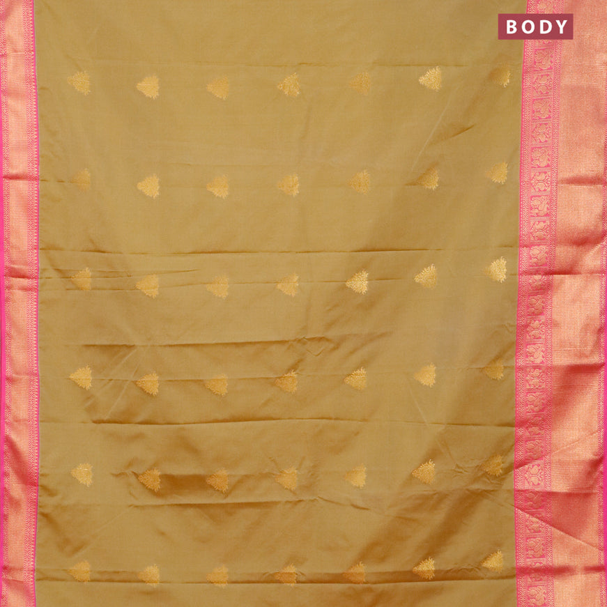 Semi kanjivaram silk saree sandal and pink with zari woven buttas and zari woven korvai border