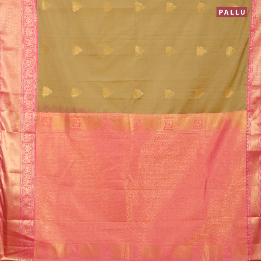 Semi kanjivaram silk saree sandal and pink with zari woven buttas and zari woven korvai border