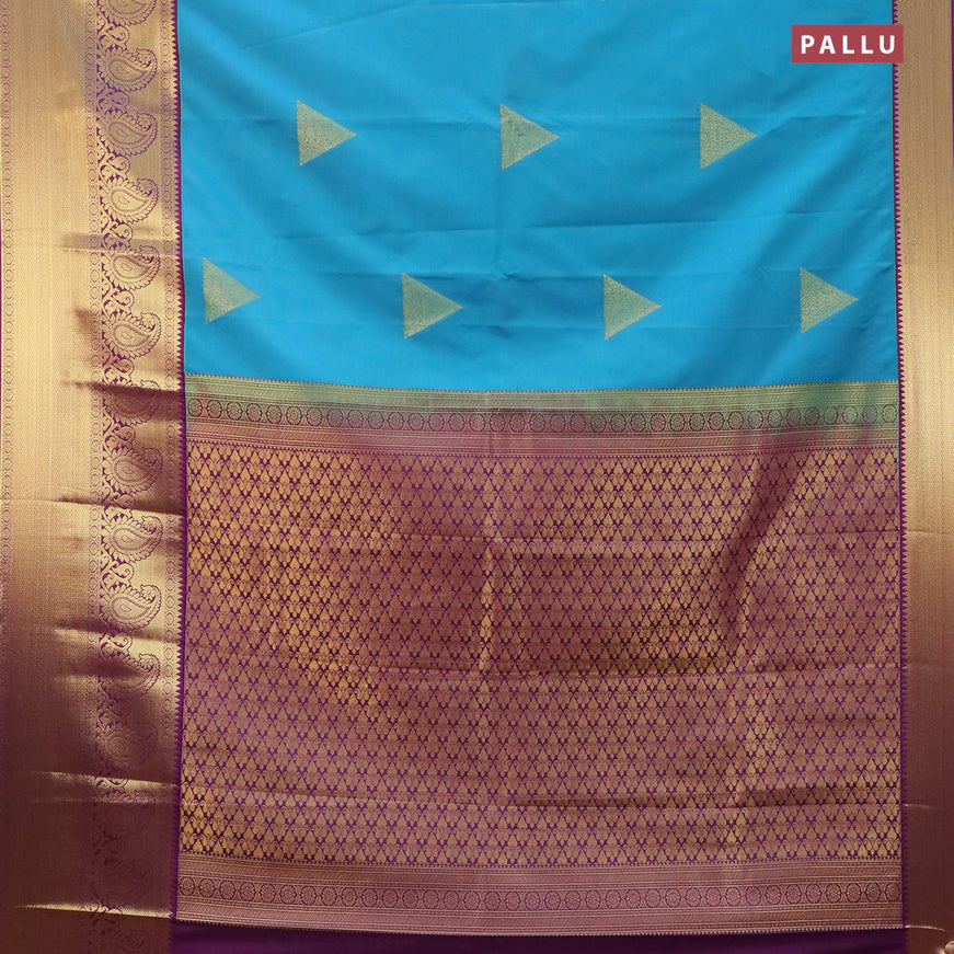 Semi kanjivaram silk saree dual shade of blue and purple with zari woven geometric buttas and long paisley zari woven korvai border