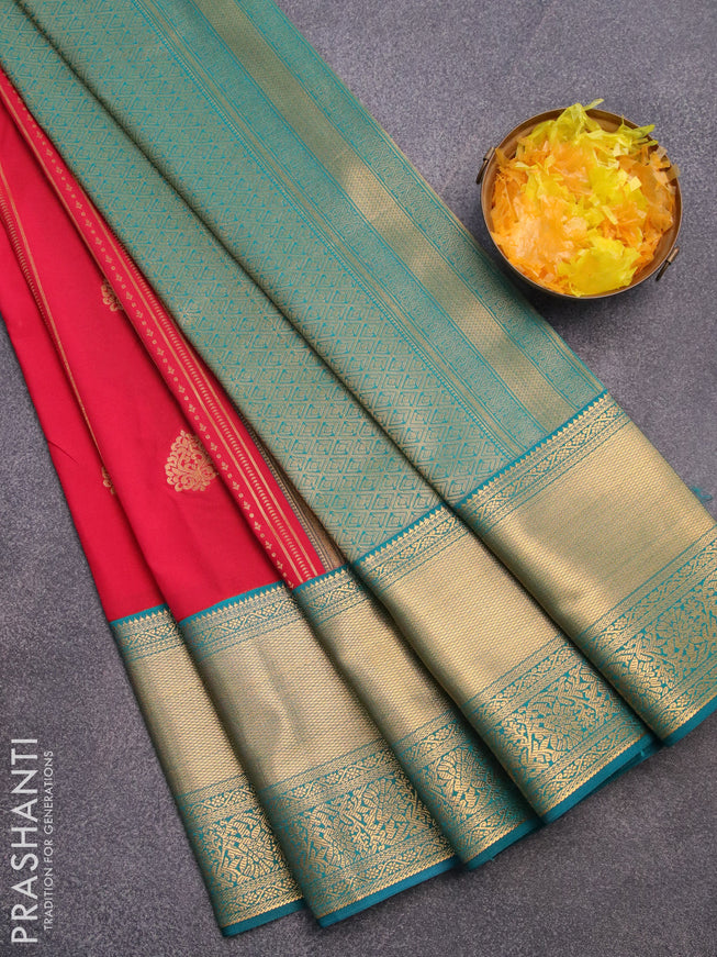 Semi kanjivaram silk saree reddish pink and peacock green with allover zari weaves & buttas and long zari woven korvai border