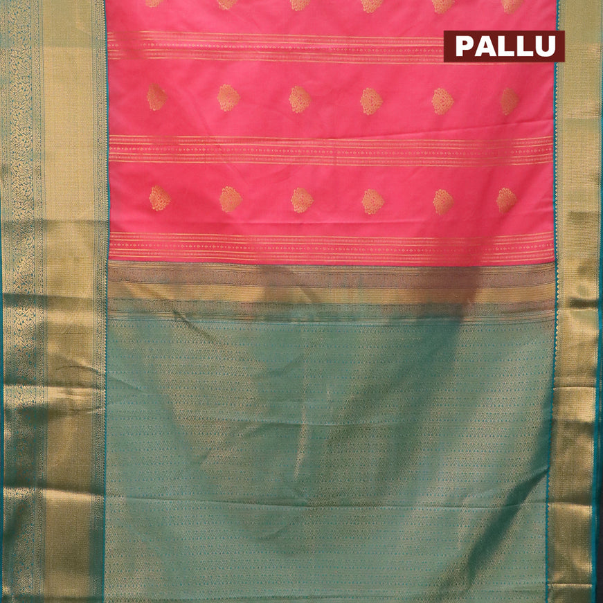 Semi kanjivaram silk saree pink and peacock green with allover zari weaves & buttas and long zari woven korvai border