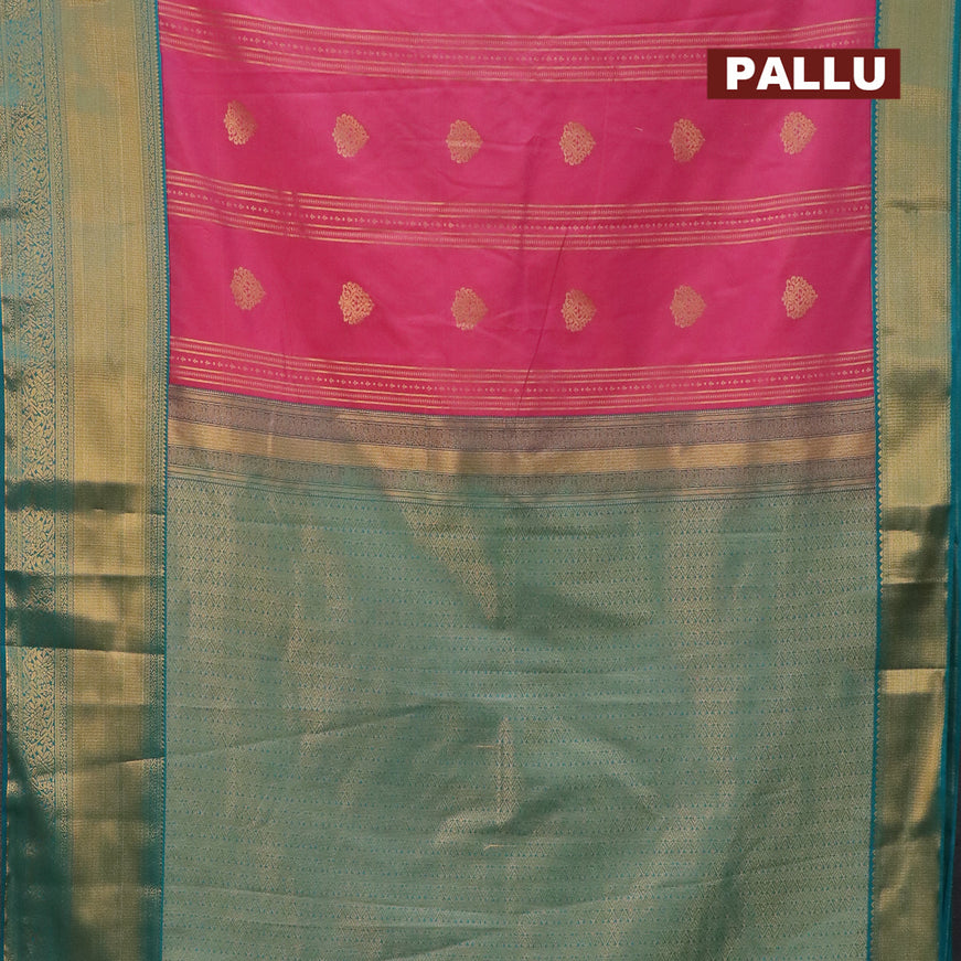 Semi kanjivaram silk saree pink shade and peacock green with allover zari weaves & buttas and long zari woven korvai border