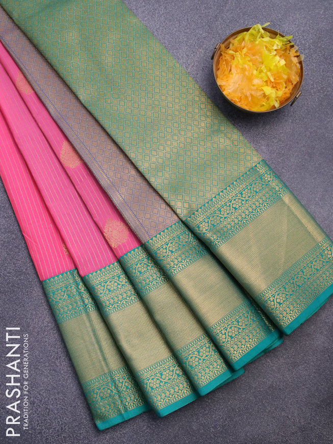 Semi kanjivaram silk saree light pink and teal green with allover zari weaves & buttas and long zari woven korvai border