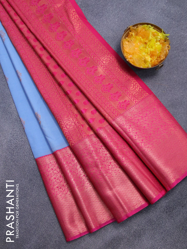 Semi kanjivaram silk saree pastel blue and pink with copper zari woven floral buttas and long copper zari woven korvai border