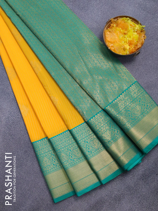 Semi kanjivaram silk saree mango yellow and teal green with allover zari strips & buttas and long zari woven korvai border
