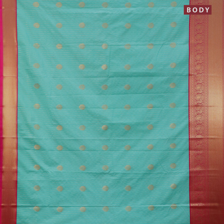 Semi kanjivaram silk saree teal blue and pink with allover zari strips & buttas and long zari woven korvai border