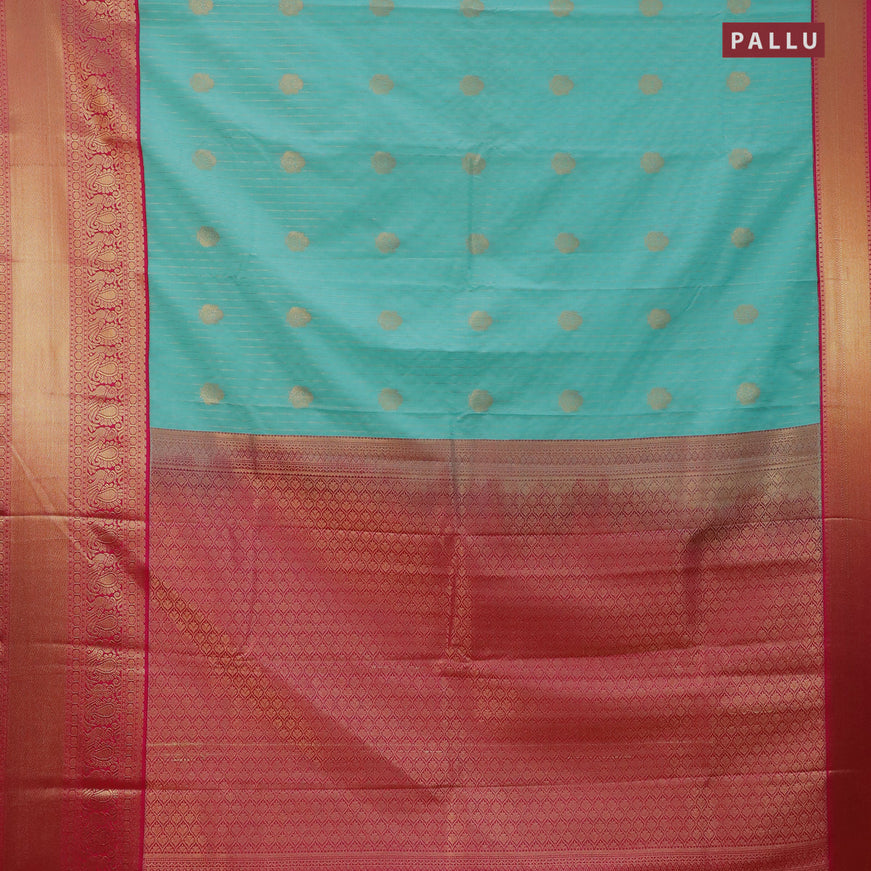Semi kanjivaram silk saree teal blue and pink with allover zari strips & buttas and long zari woven korvai border
