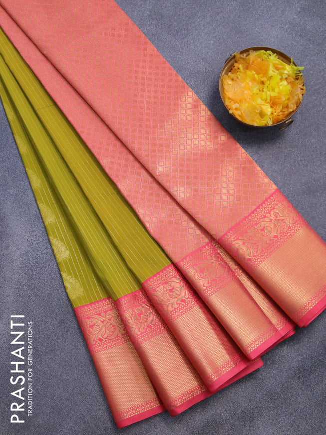 Semi kanjivaram silk saree mehendi green and peach shade with allover zari stripes & buttas and annam zari woven korvai border
