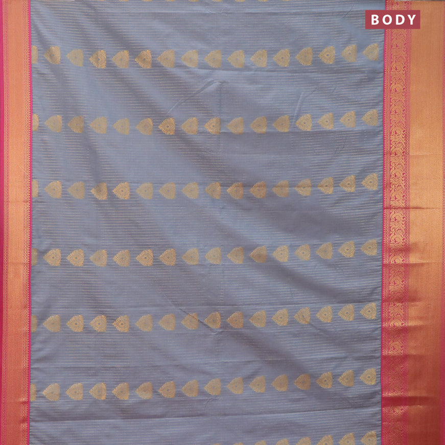 Semi kanjivaram silk saree grey and pink shade with allover zari stripes & buttas and annam zari woven korvai border