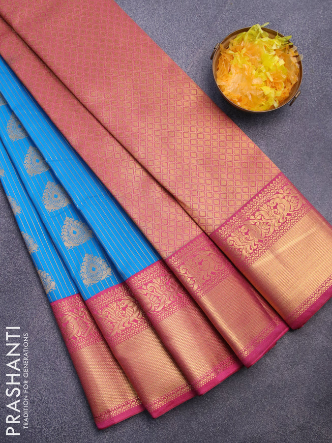 Semi kanjivaram silk saree cs blue and pink shade with allover zari stripes & buttas and long zari woven korvai border