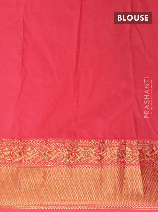 Semi kanjivaram silk saree grey and peach shade with allover zari stripes & buttas and long zari woven korvai border