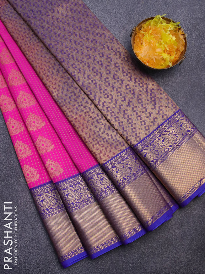 Semi kanjivaram silk saree pink and blue with allover zari stripes & buttas and long zari woven korvai border