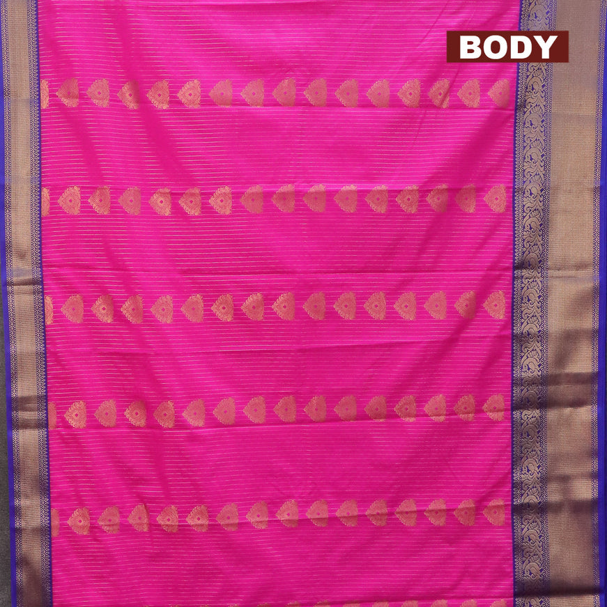 Semi kanjivaram silk saree pink and blue with allover zari stripes & buttas and long zari woven korvai border