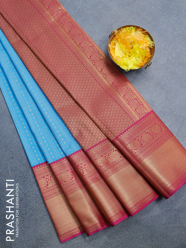 Semi kanjivaram silk saree light blue and pink with allover zari weaves & buttas and long floral zari woven korvai border