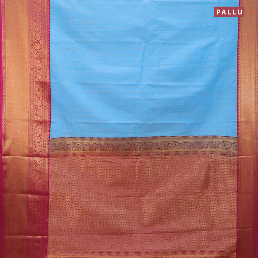 Semi kanjivaram silk saree light blue and pink with allover zari weaves & buttas and long floral zari woven korvai border
