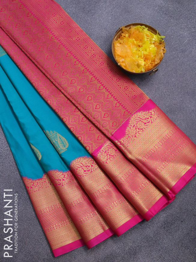 Semi kanjivaram silk saree dual shade of blue and pink with zari woven buttas and long zari woven korvai border
