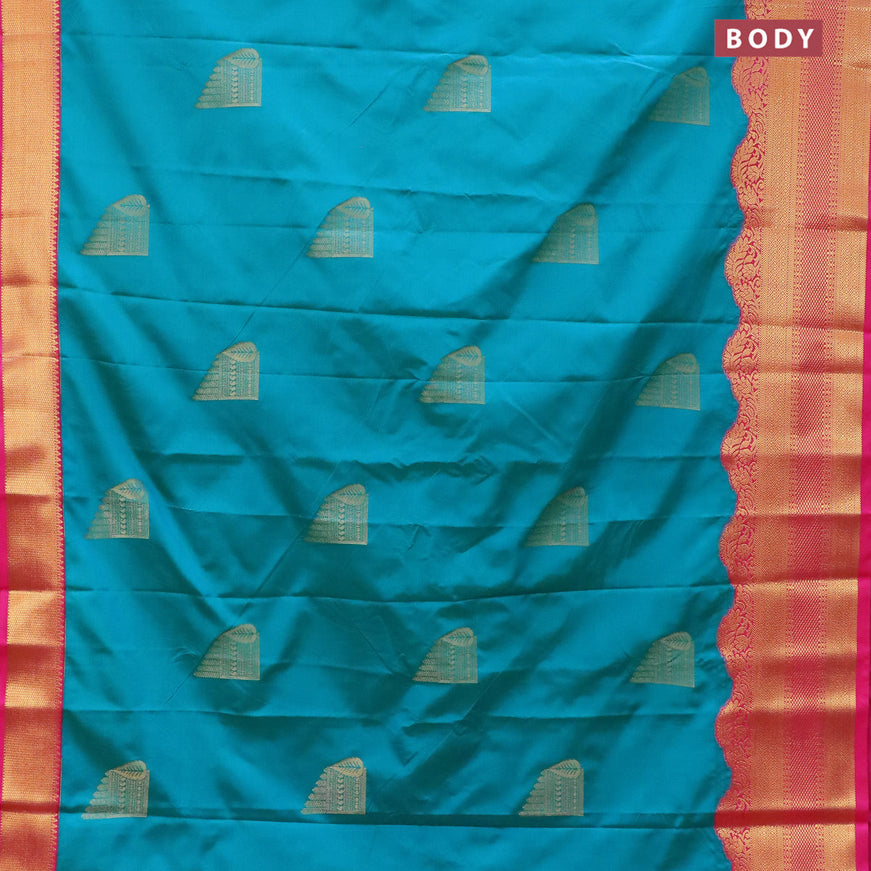Semi kanjivaram silk saree dual shade of blue and pink with zari woven buttas and long zari woven korvai border