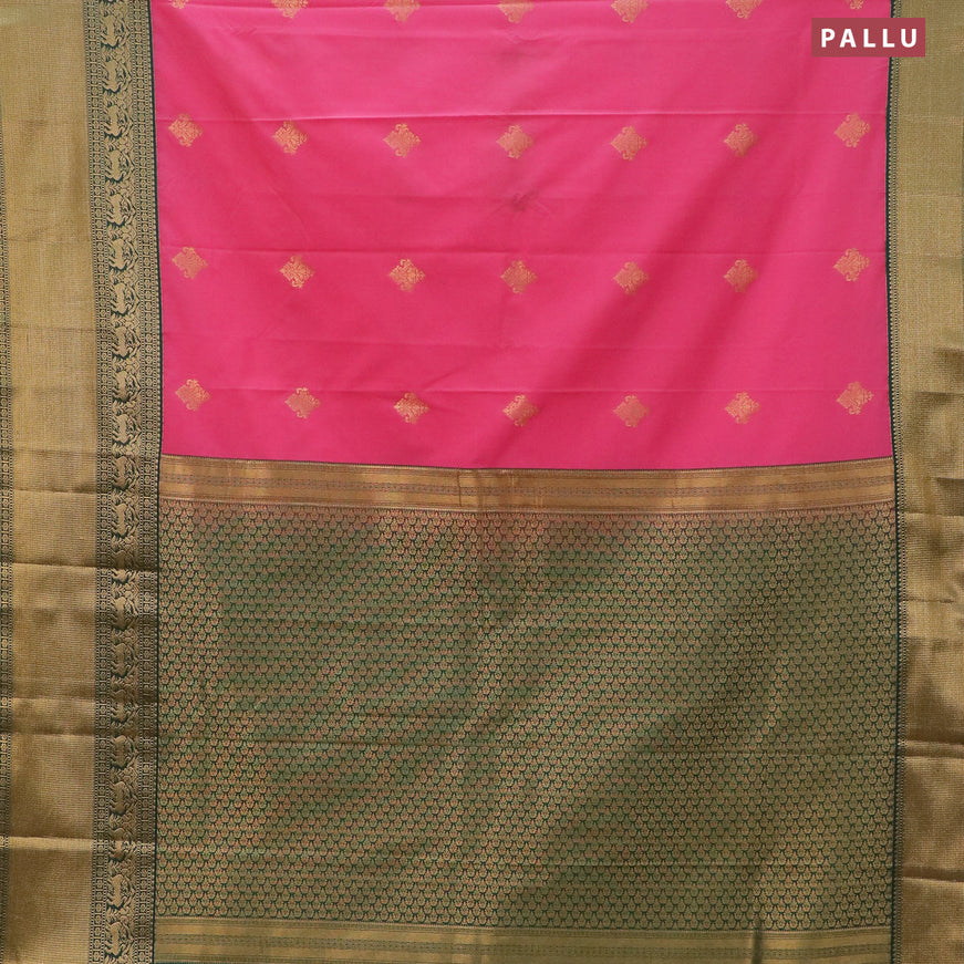 Semi kanjivaram silk saree candy pink and green with zari woven buttas and long zari woven korvai border