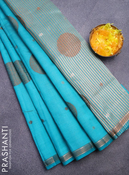 Semi raw silk saree teal blue with thread & zari woven buttas and woven border