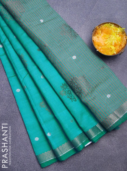 Semi raw silk saree teal blue with thread & silver zari woven buttas and woven border