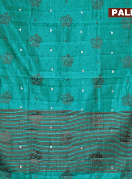 Semi raw silk saree teal blue with thread & silver zari woven buttas and woven border