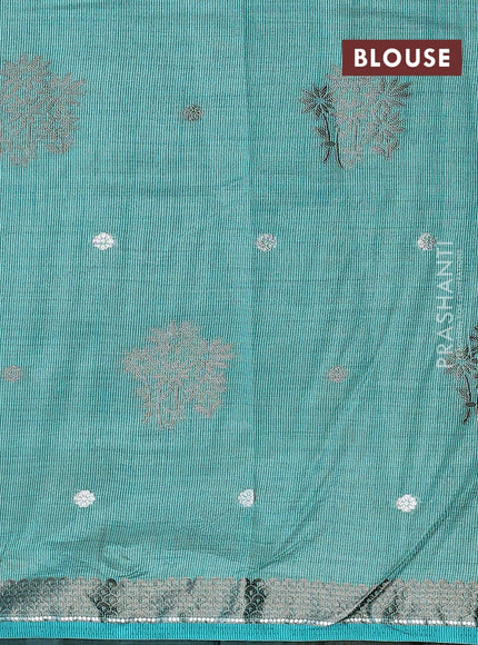 Semi raw silk saree teal blue with thread & silver zari woven buttas and woven border