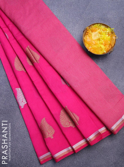 Semi raw silk saree pink with silver & gold zari woven leaf buttas and small zari woven border